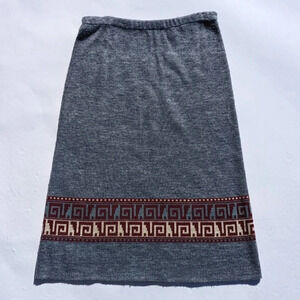 Vintage Blue Knit Long Skirt with Burgundy Pattern  - Creations Isadora Small